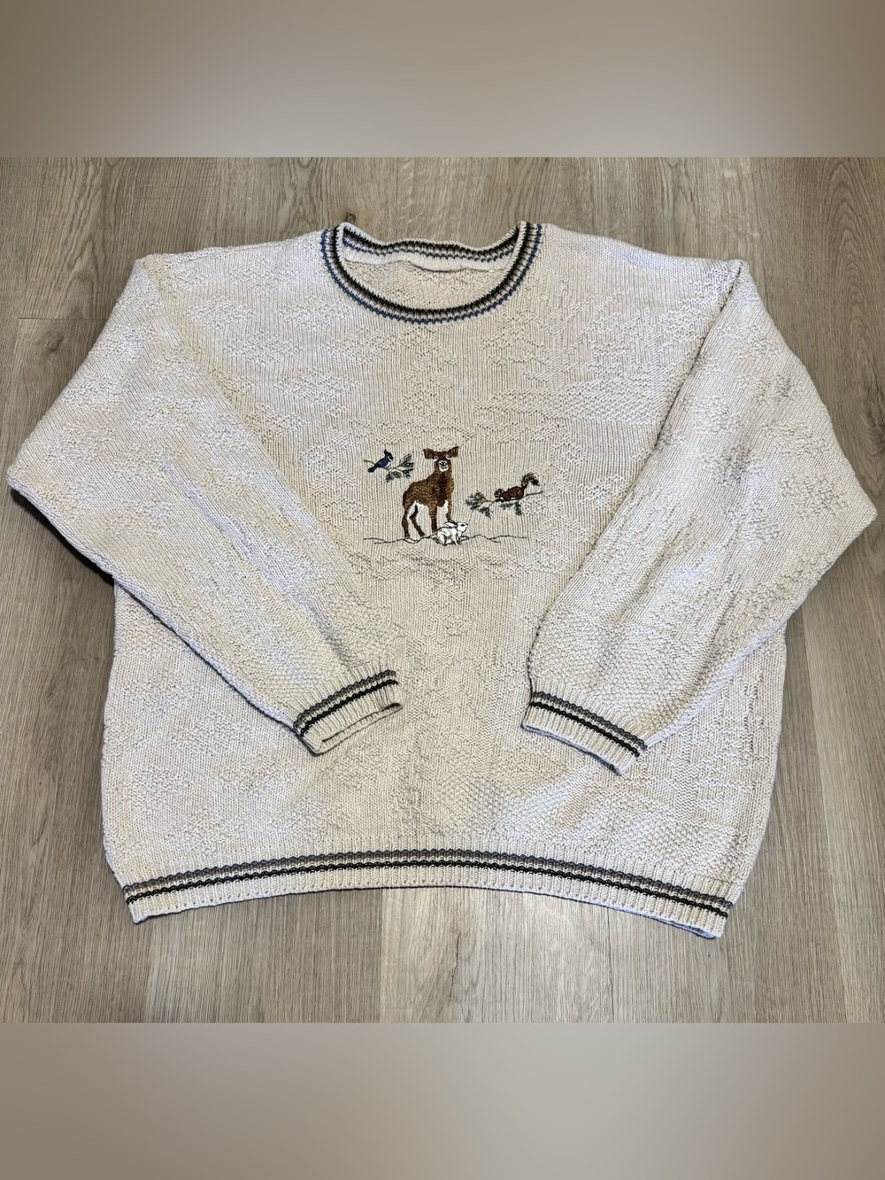 Vintage Cream Embroidered Deer Crewneck Sweater - Cut Tag